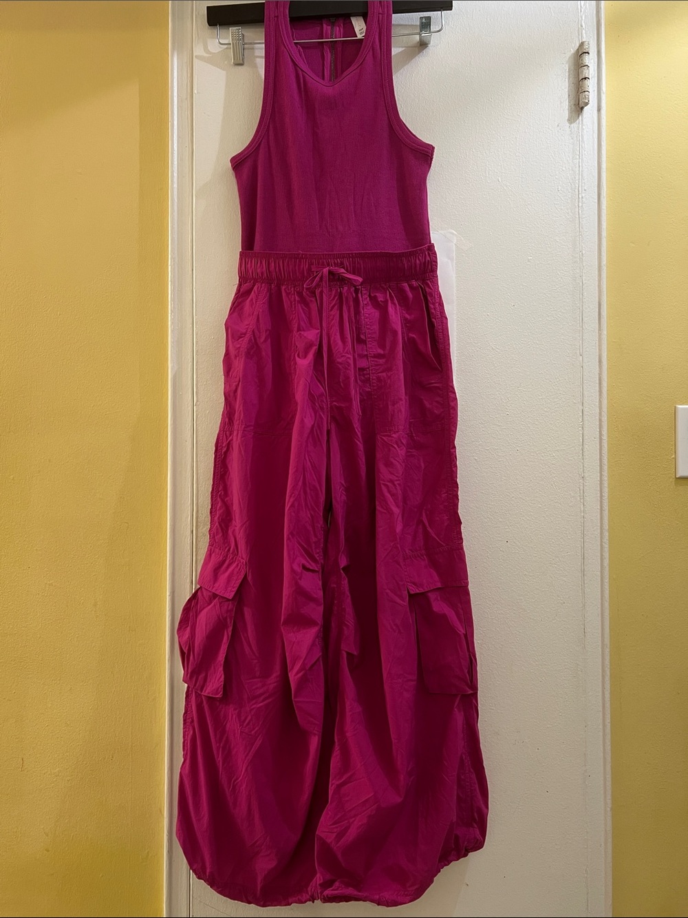 Sleeveless Magenta Cargo Jumpsuit with Drawstring Waist